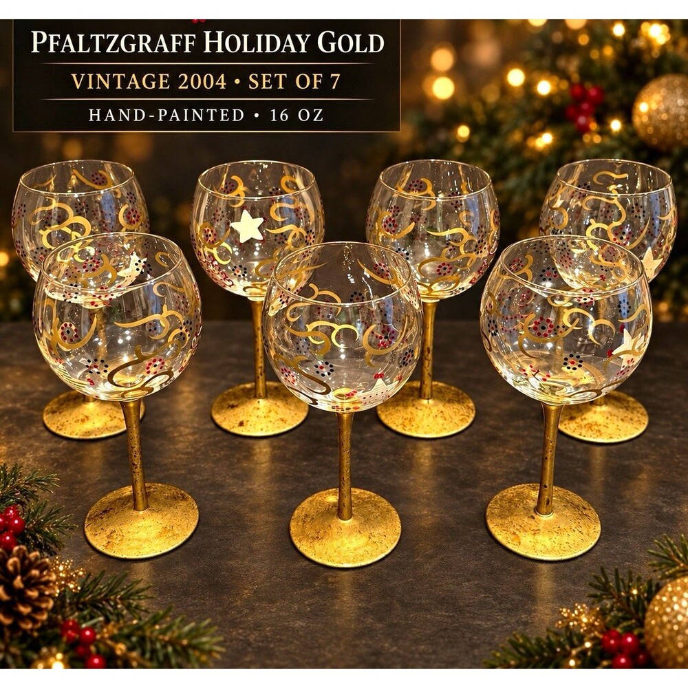 Pfaltzgraff Holiday Gold Vintage Hand Painted Wine Glasses Set of 7 16oz 2004